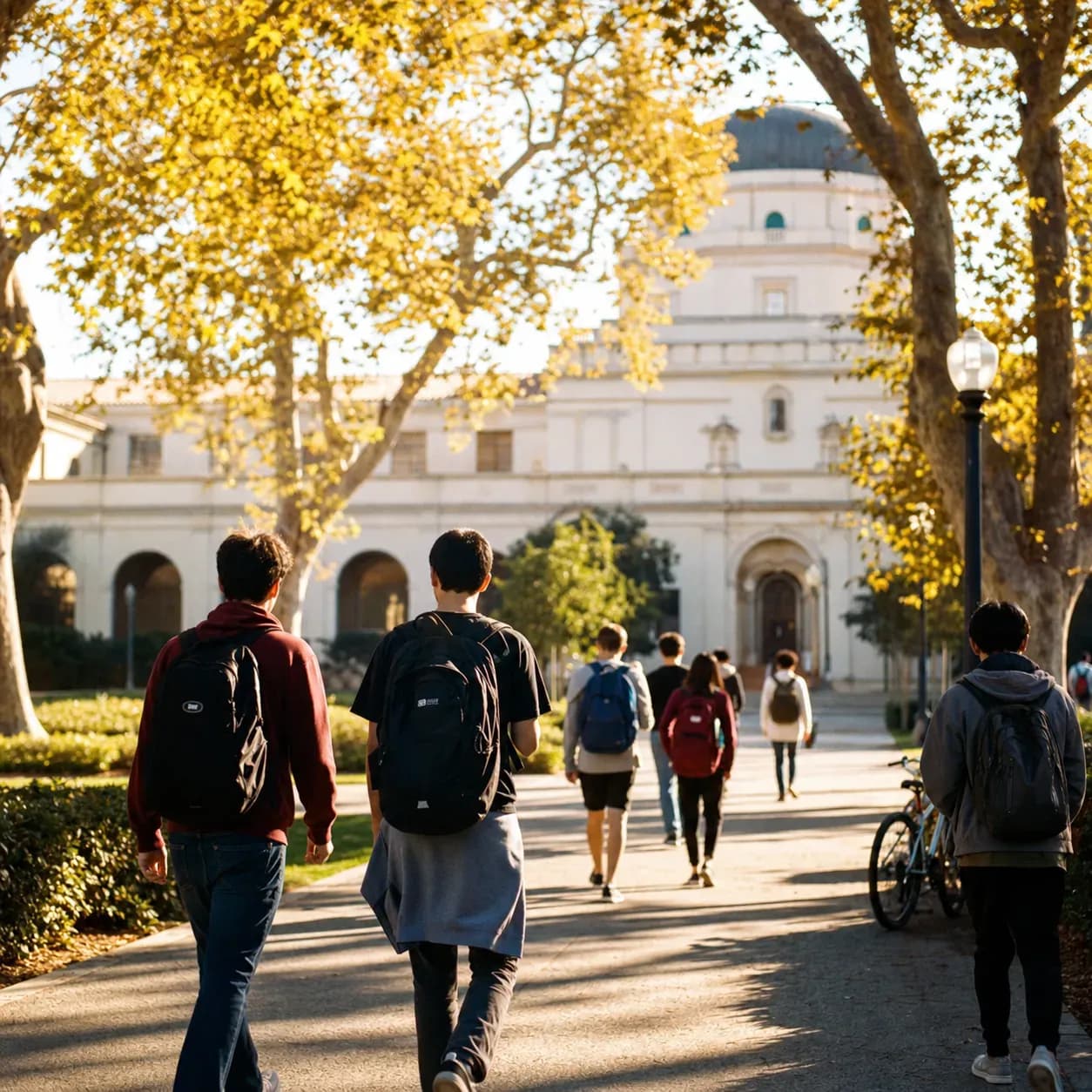 A realistic campus photograph of the iconic landmarks of California Institute of Technology with students walking