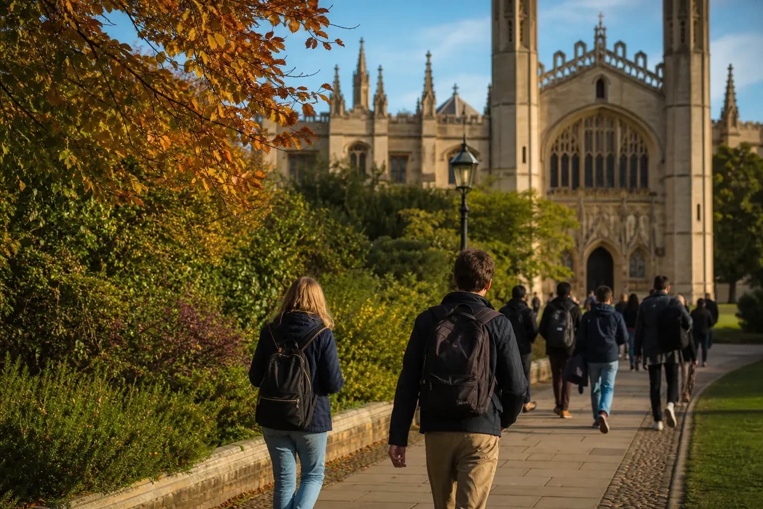A realistic campus photograph of the iconic landmarks of University of Cambridge with students walking