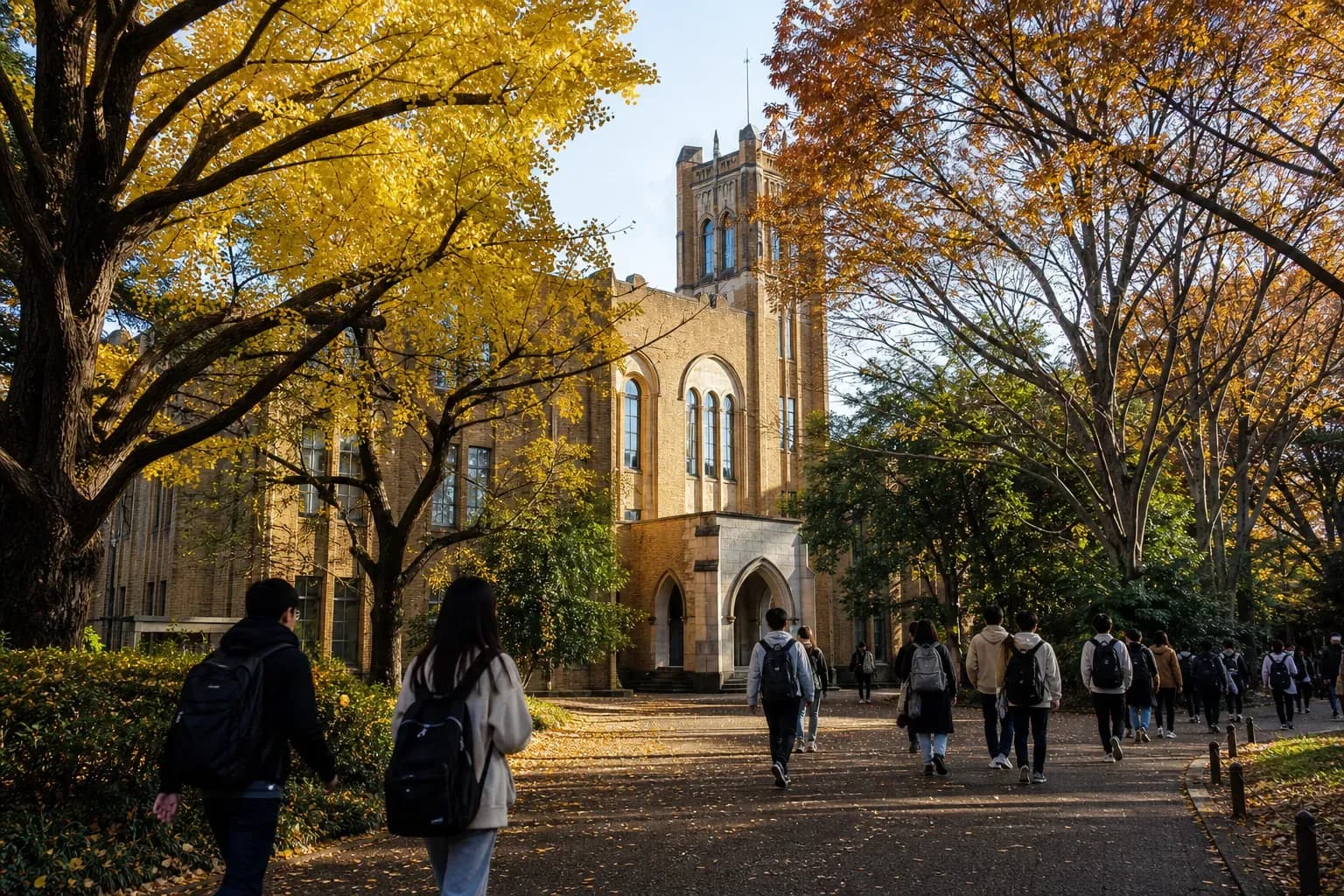 A realistic campus photograph of the iconic landmarks of Chiba University with students walking