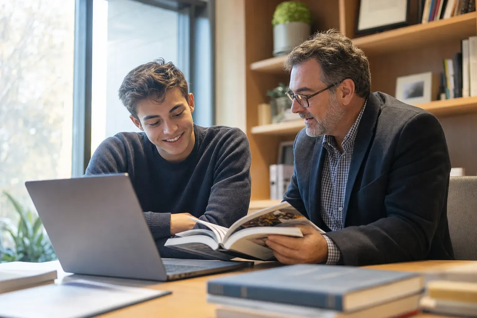 A student and a counselor discussing college application strategies in a modern office