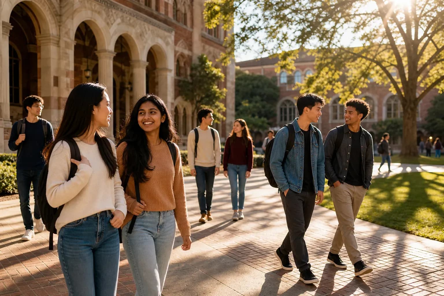 A beautiful and sunny university campus with students walking
