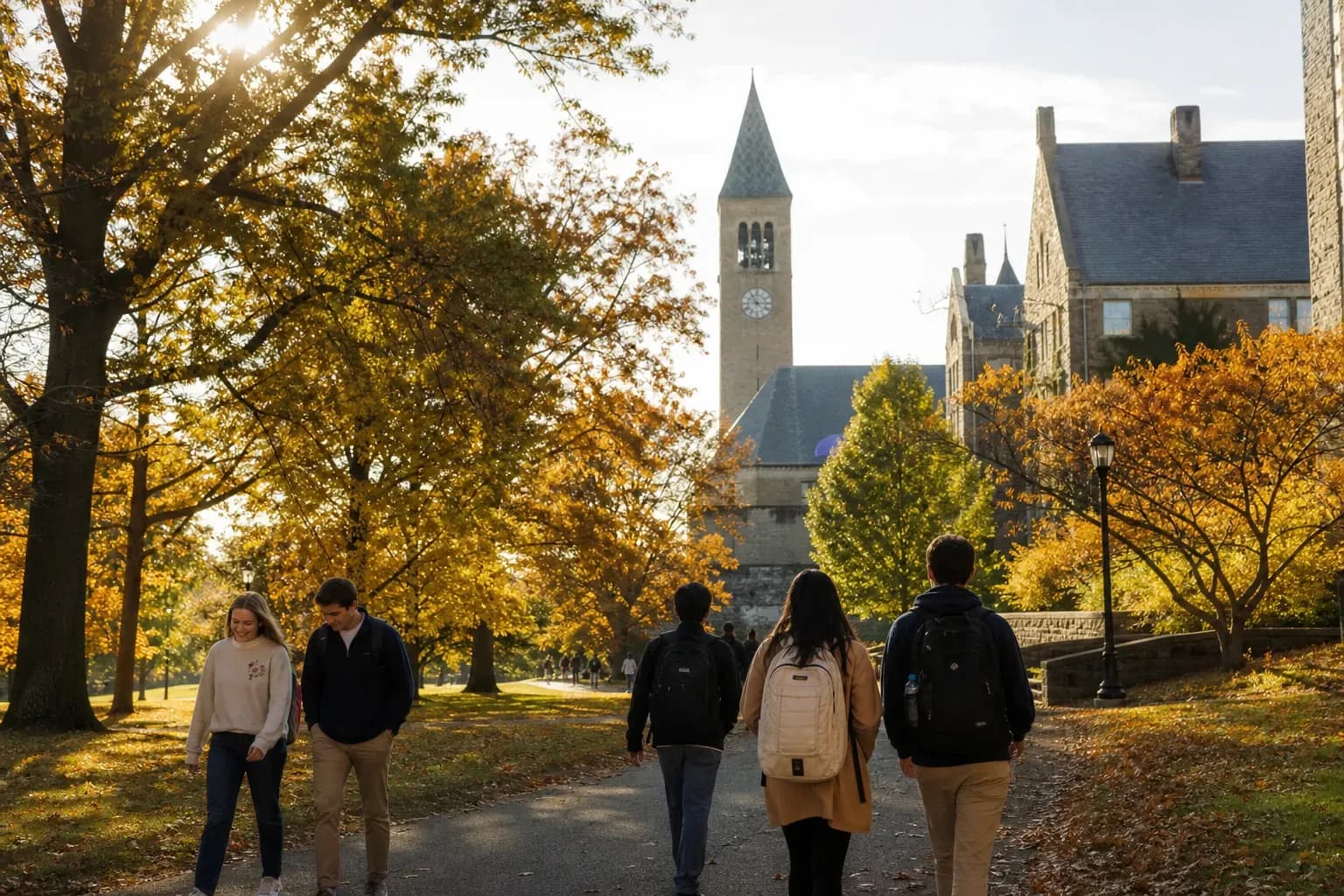 A realistic campus photograph of the iconic landmarks of Cornell University with students walking