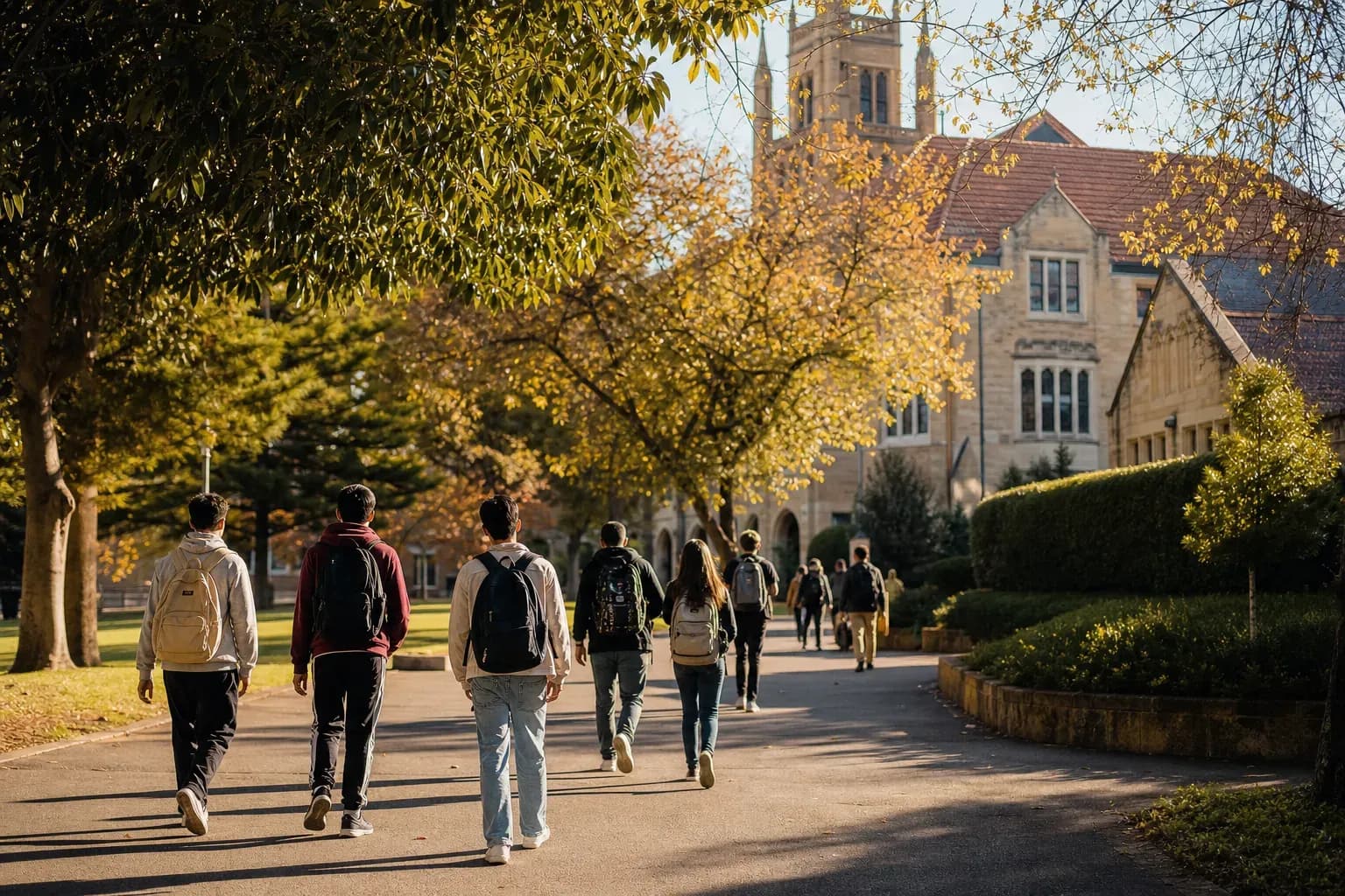 A realistic campus photograph of the iconic landmarks of Curtin University with students walking