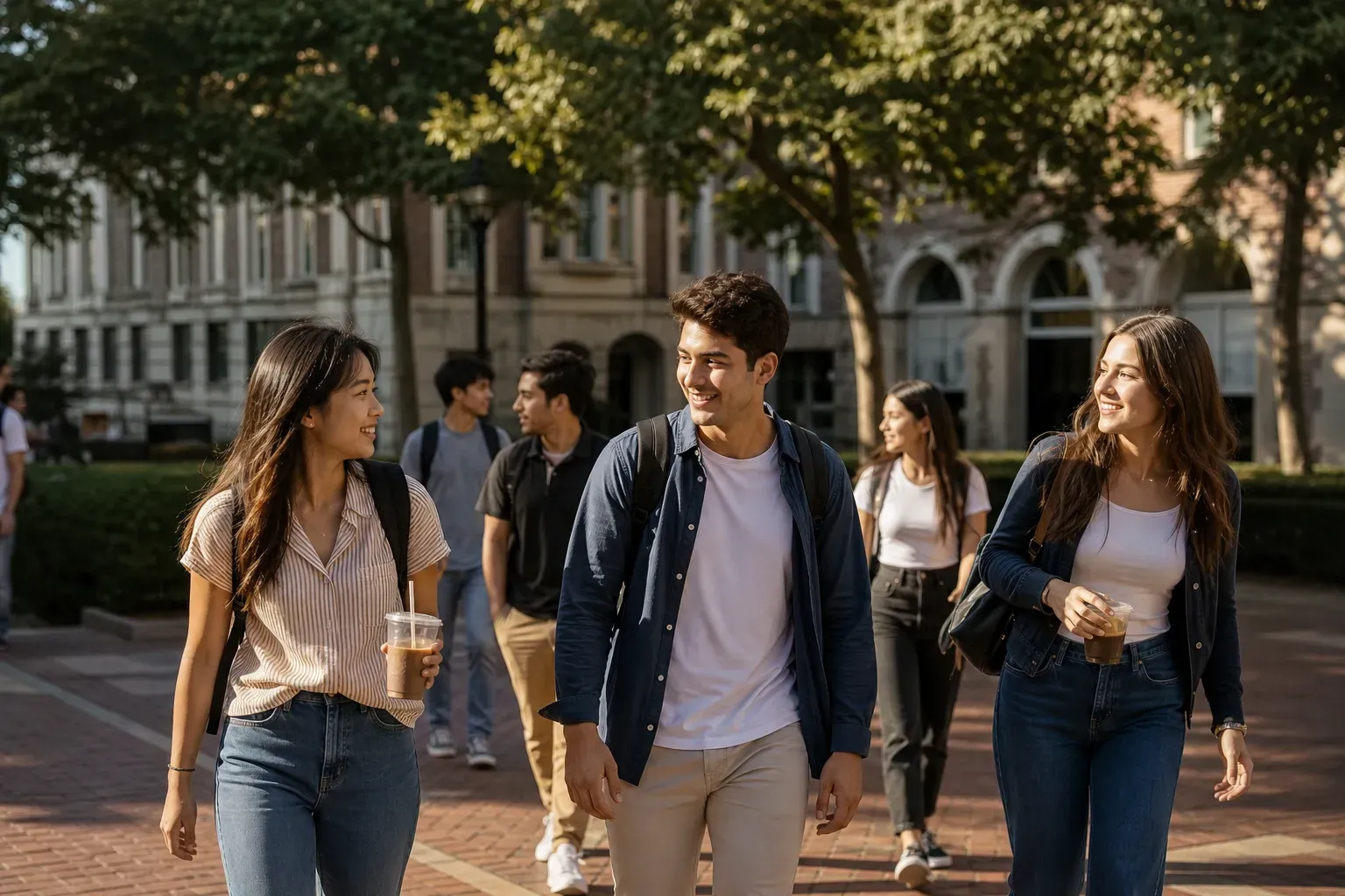 A beautiful and sunny university campus with students walking