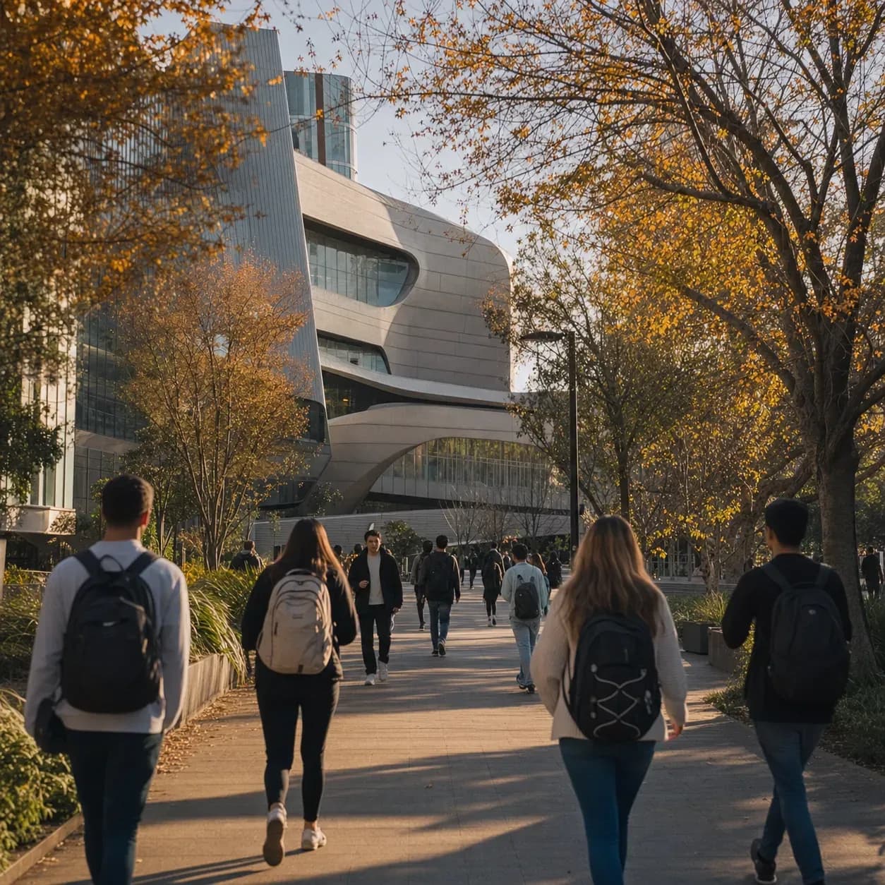 A realistic campus photograph of the iconic landmarks of Deakin University with students walking