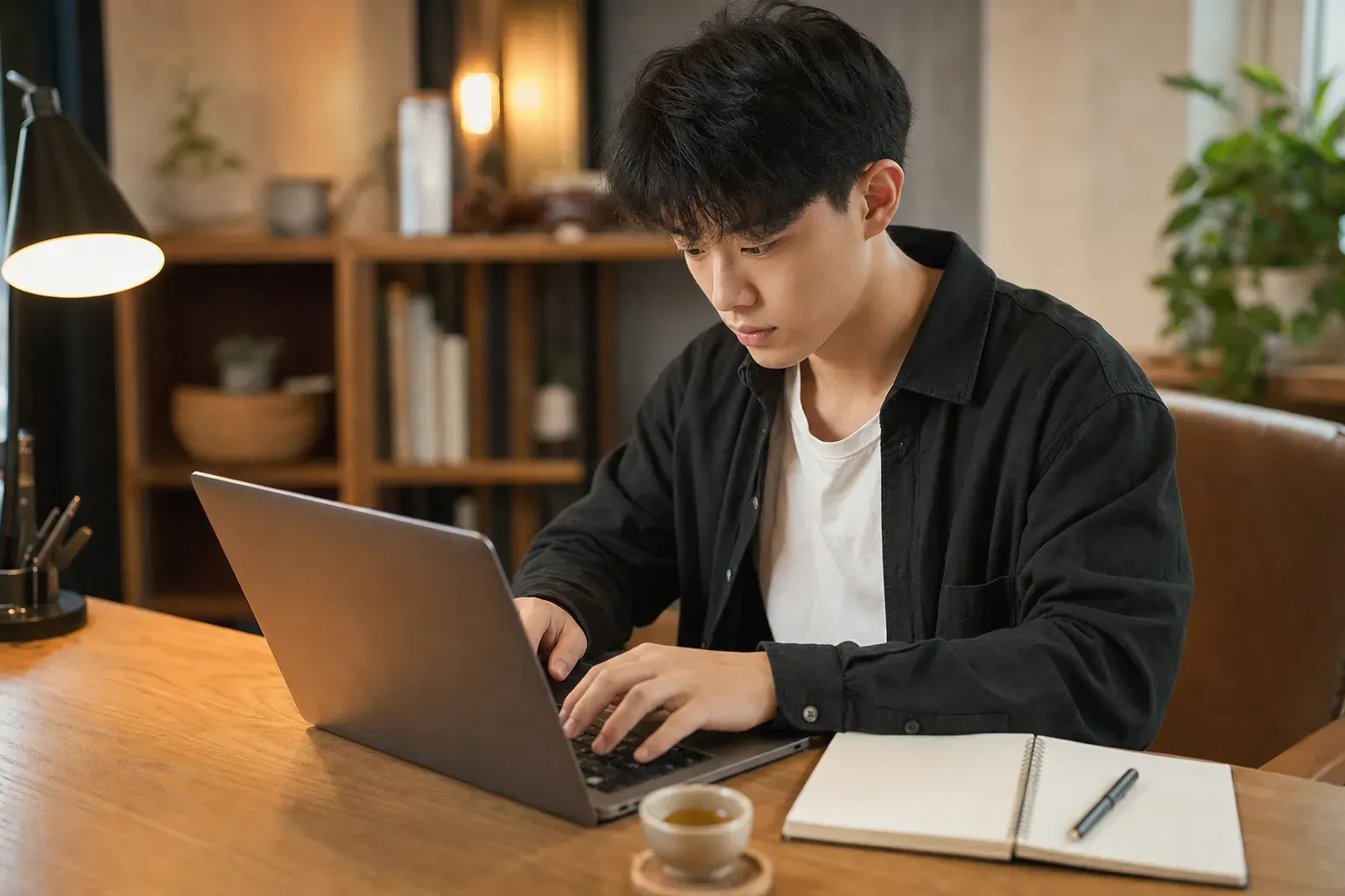 A focused student writing a college application essay on a laptop in a cozy study room