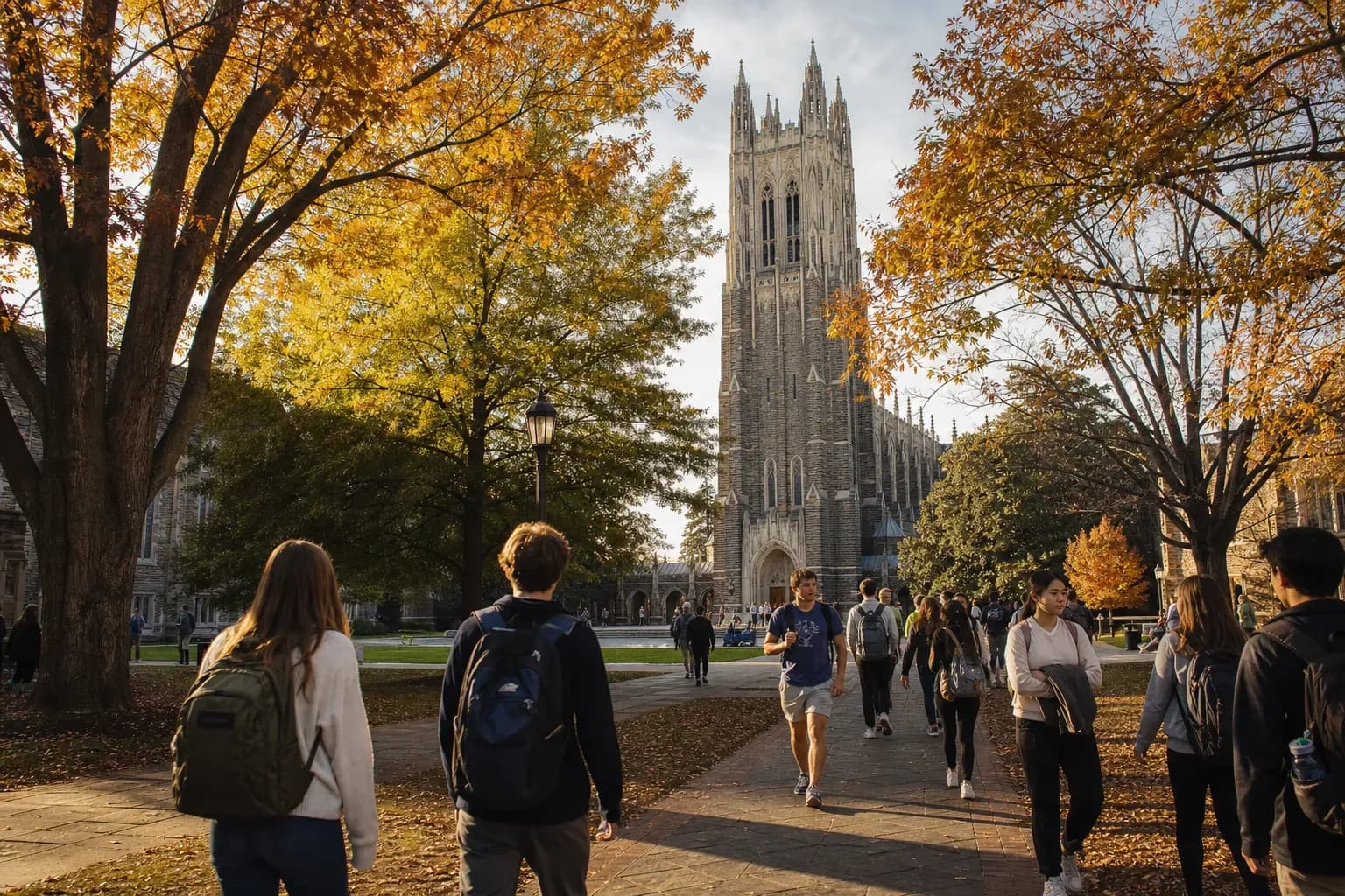 A realistic campus photograph of the iconic landmarks of Duke University with students walking