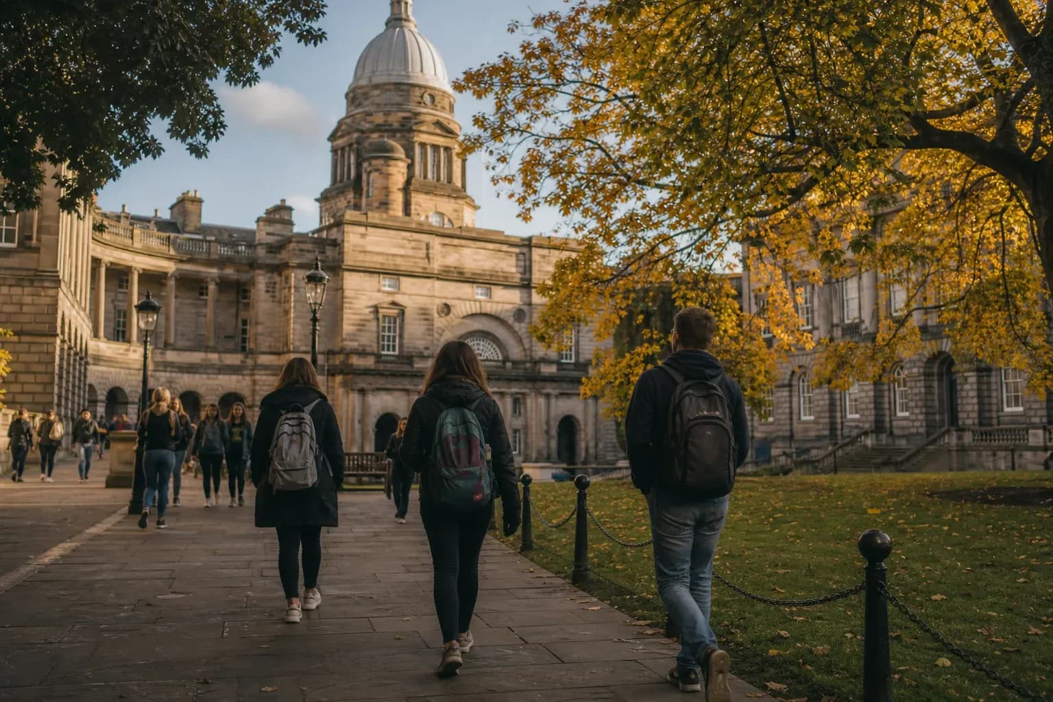 A realistic campus photograph of the iconic landmarks of University of Edinburgh with students walking