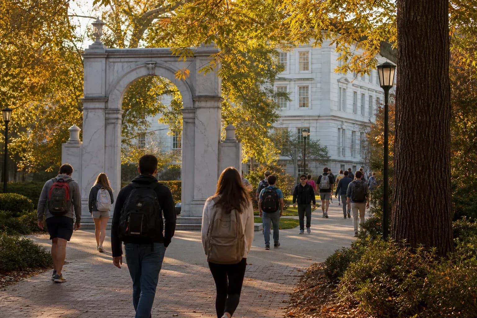 A realistic campus photograph of the iconic landmarks of Emory University with students walking
