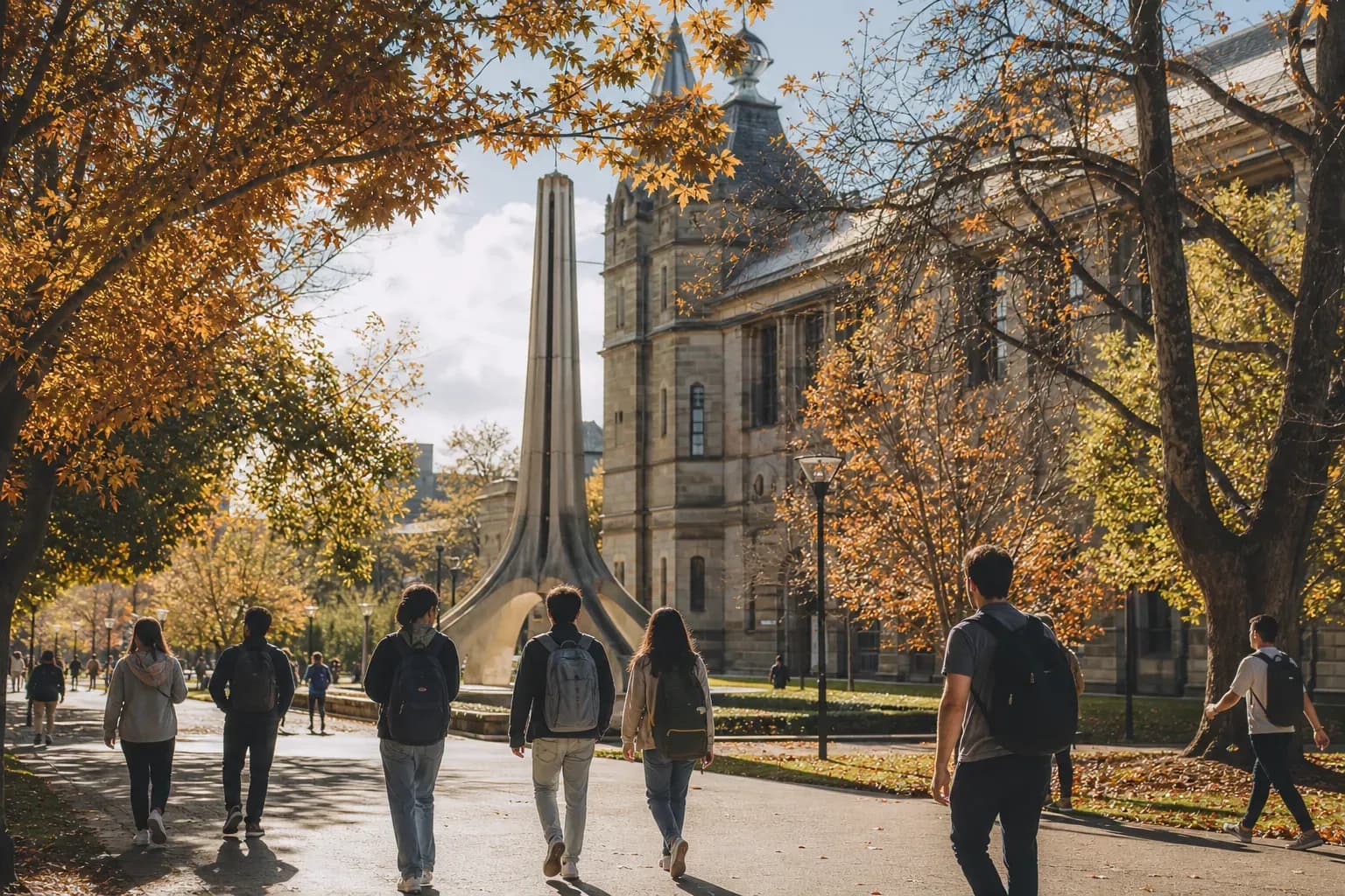 A realistic campus photograph of the iconic landmarks of Flinders University with students walking