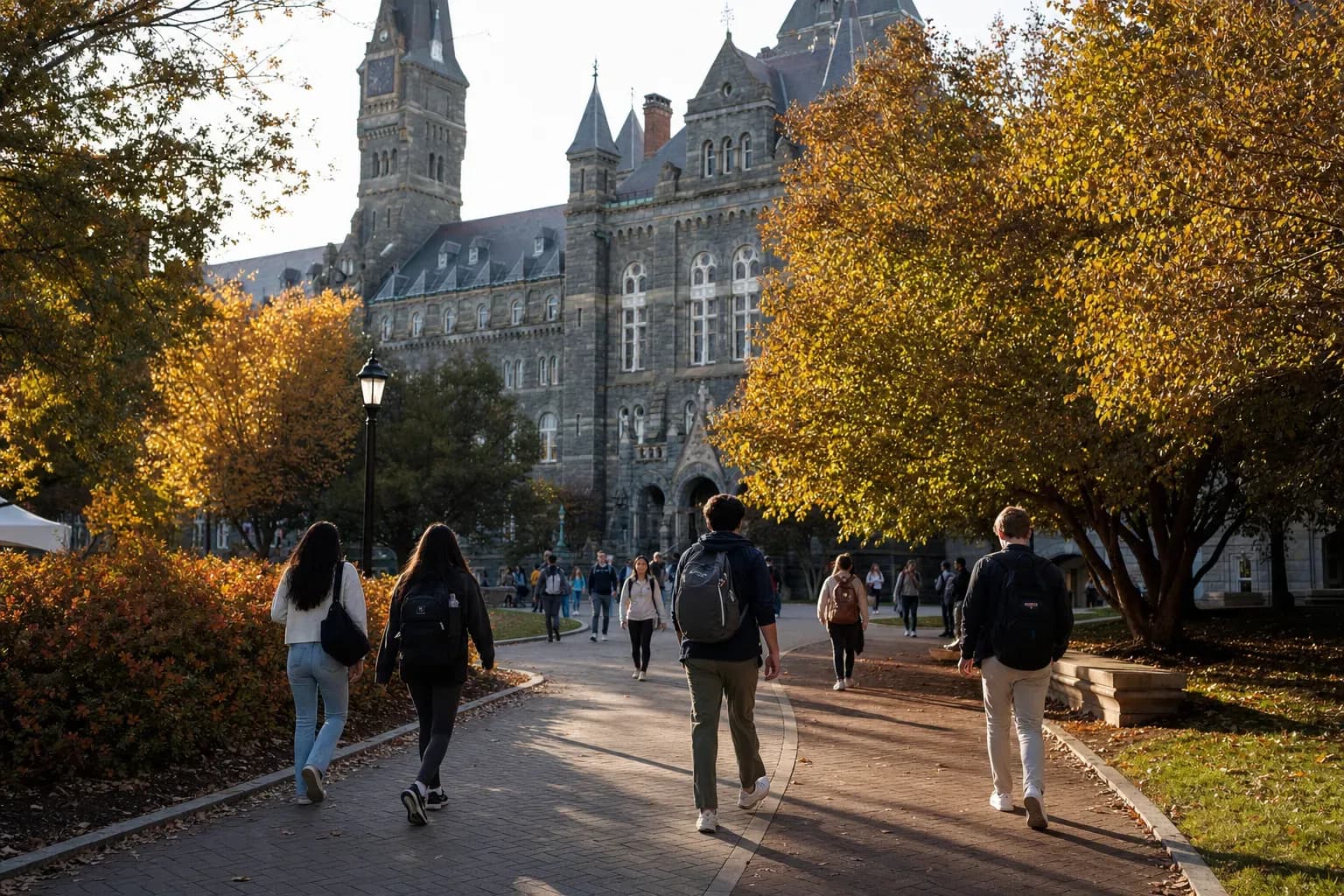 A realistic campus photograph of the iconic landmarks of Georgetown University with students walking