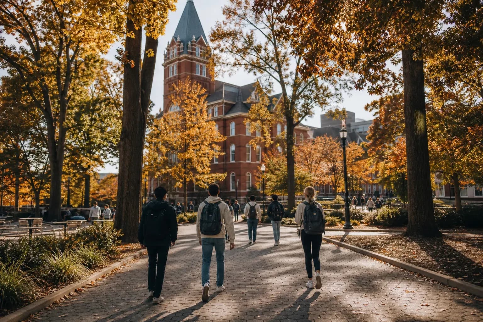 A realistic campus photograph of the iconic landmarks of Georgia Tech with students walking