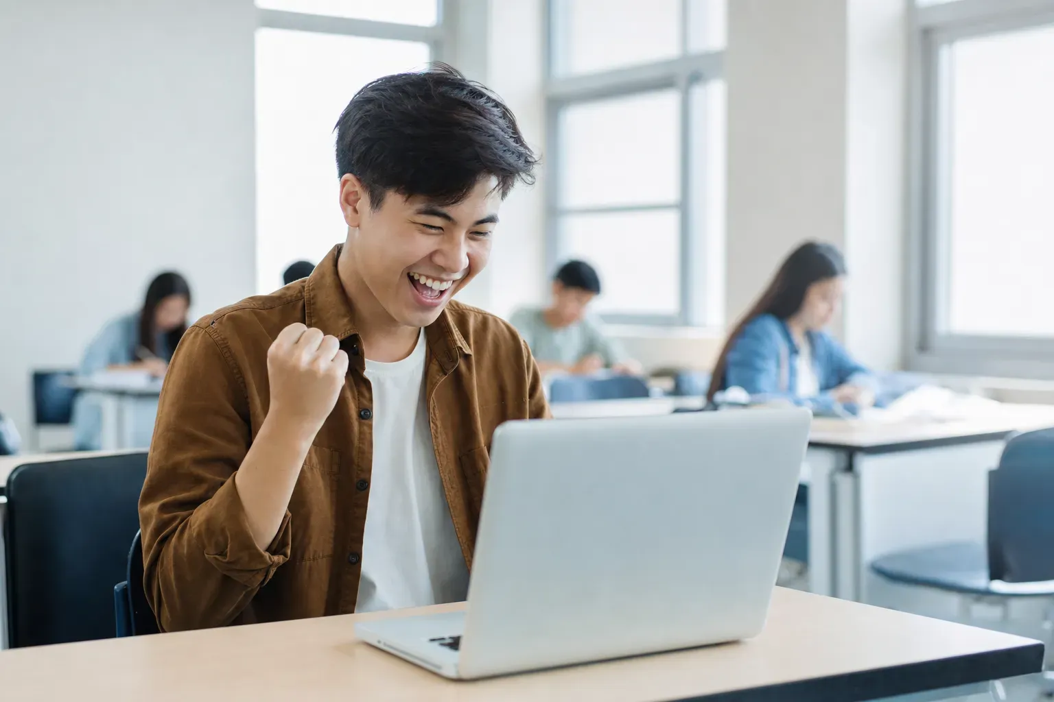 A joyful student receiving a scholarship award letter on a laptop in a bright classroom