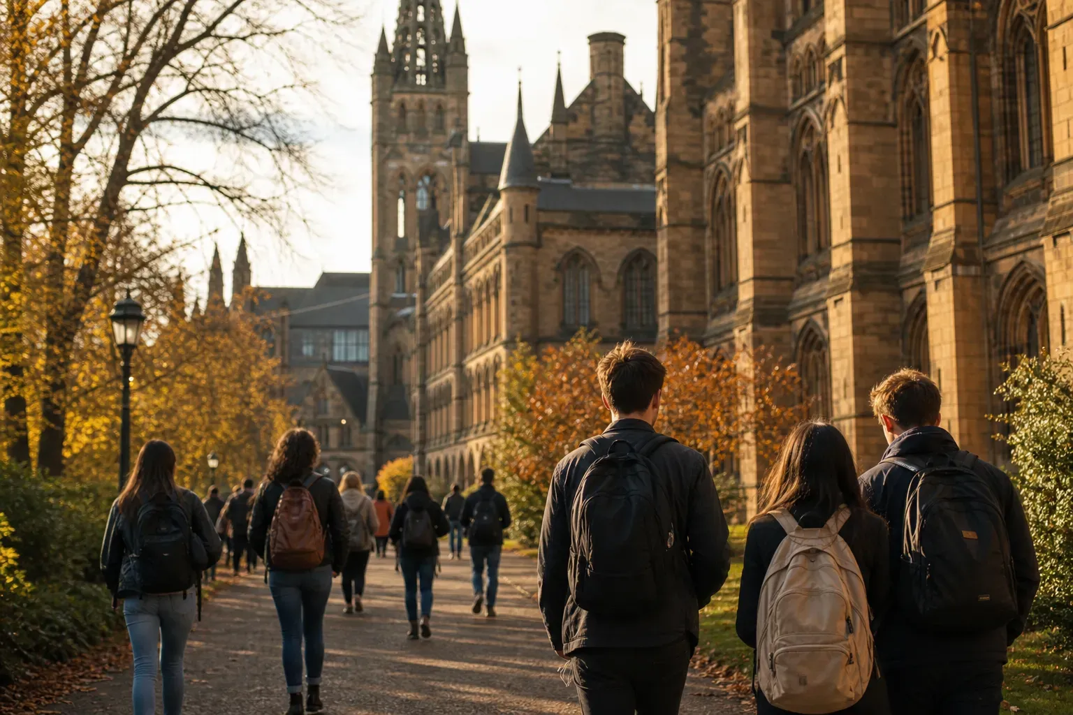 A realistic campus photograph of the iconic landmarks of University of Glasgow with students walking