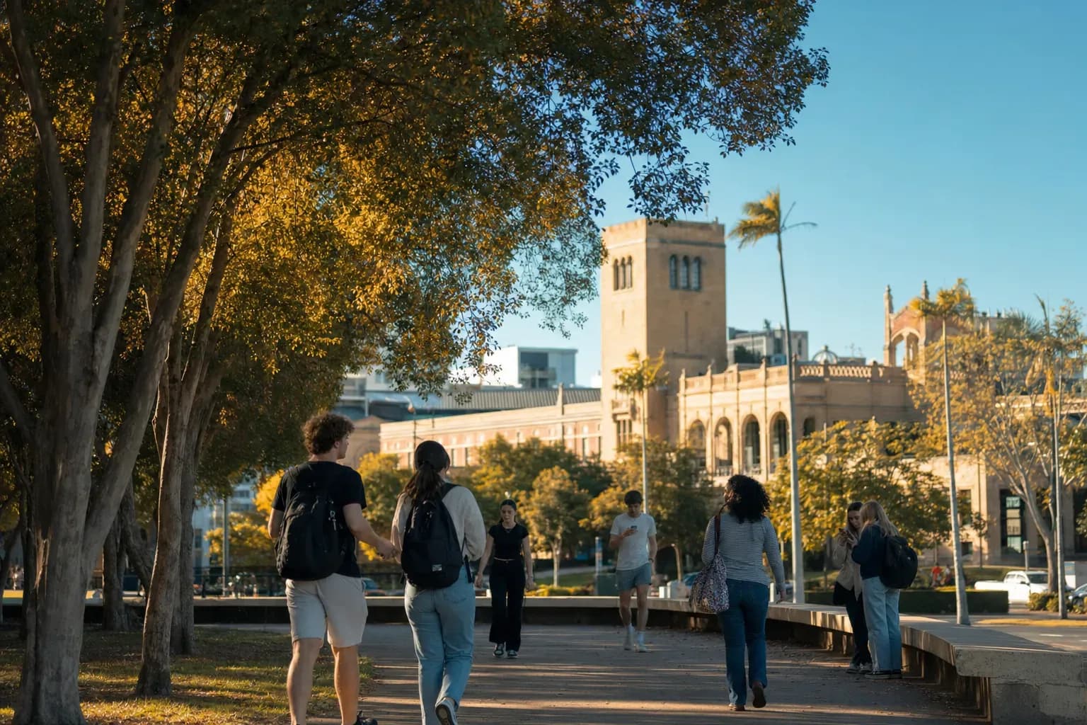 A realistic campus photograph of the iconic landmarks of Griffith University with students walking