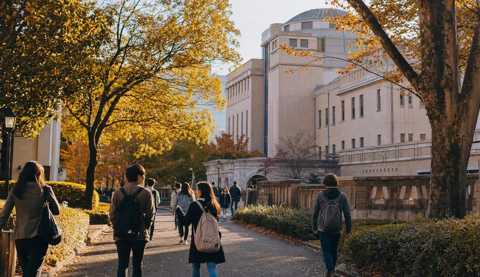 A realistic campus photograph of the iconic landmarks of GRIPS National Graduate Institute for Policy Studies with students walking