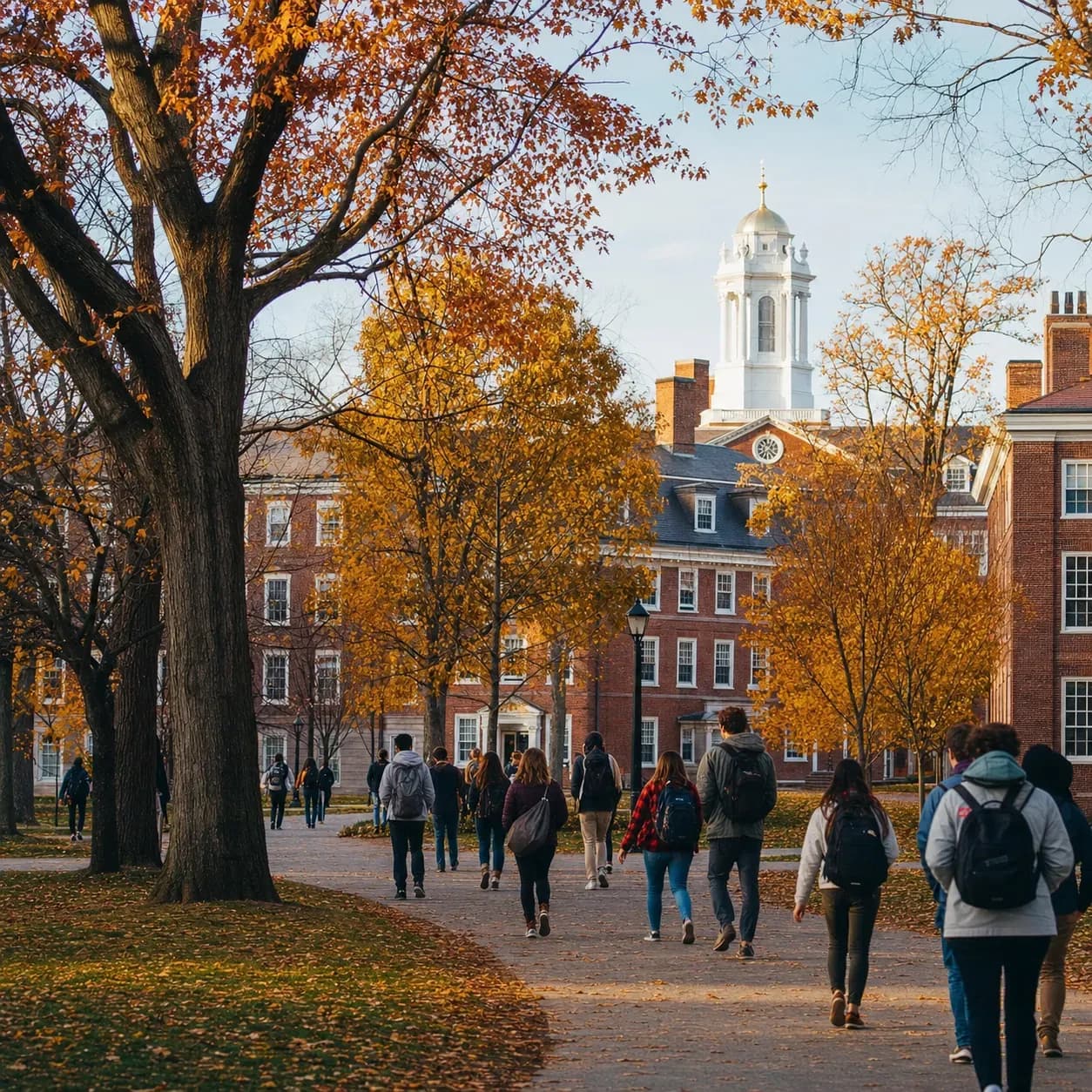 A realistic campus photograph of the iconic landmarks of Harvard University with students walking