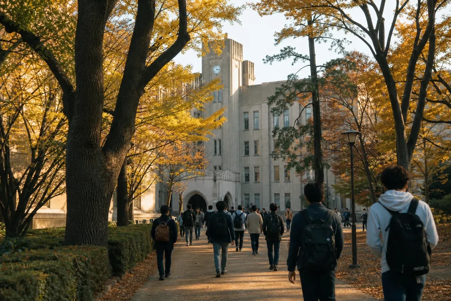 A realistic campus photograph of the iconic landmarks of Institute of Science Tokyo with students walking
