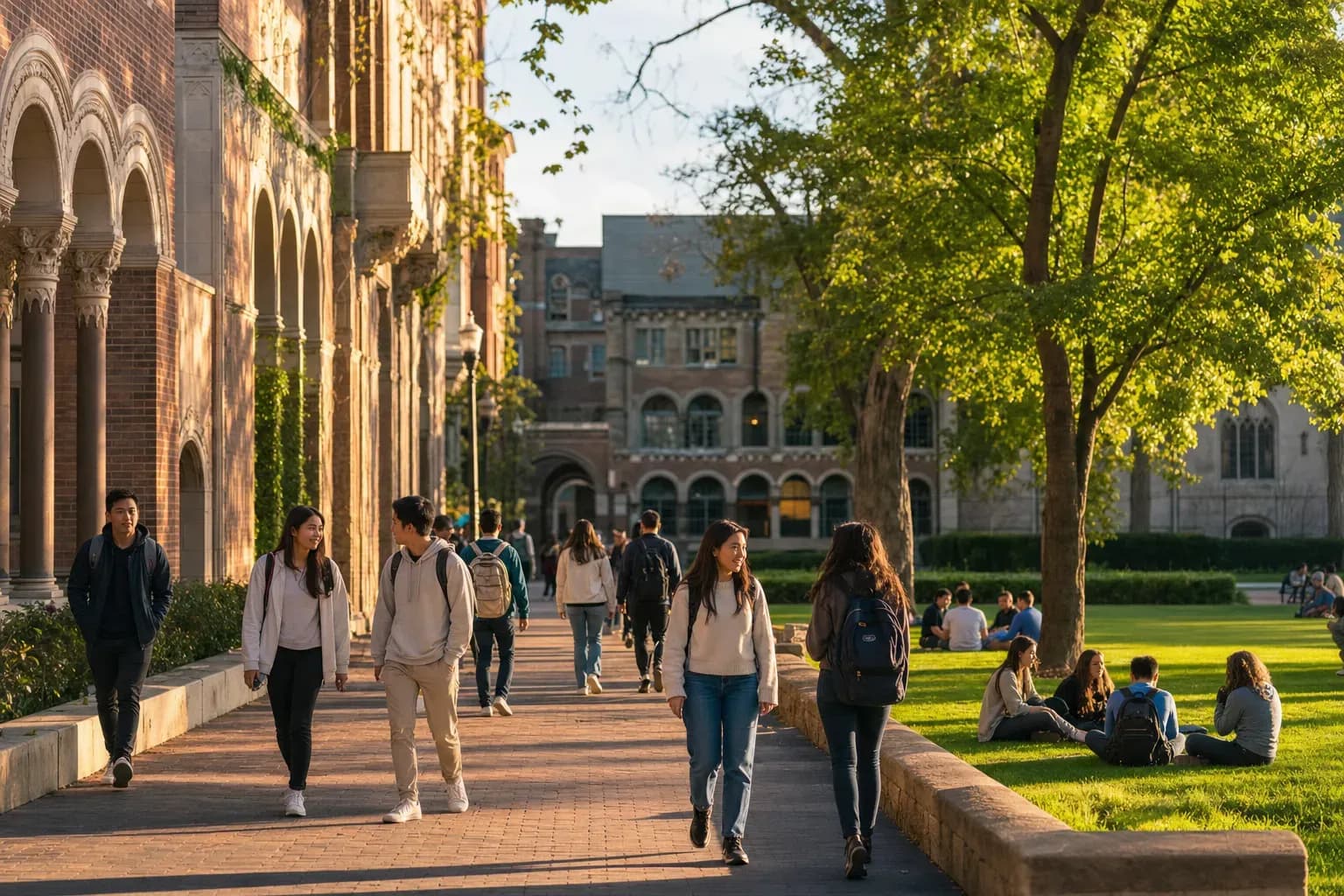 A beautiful and sunny university campus with students walking