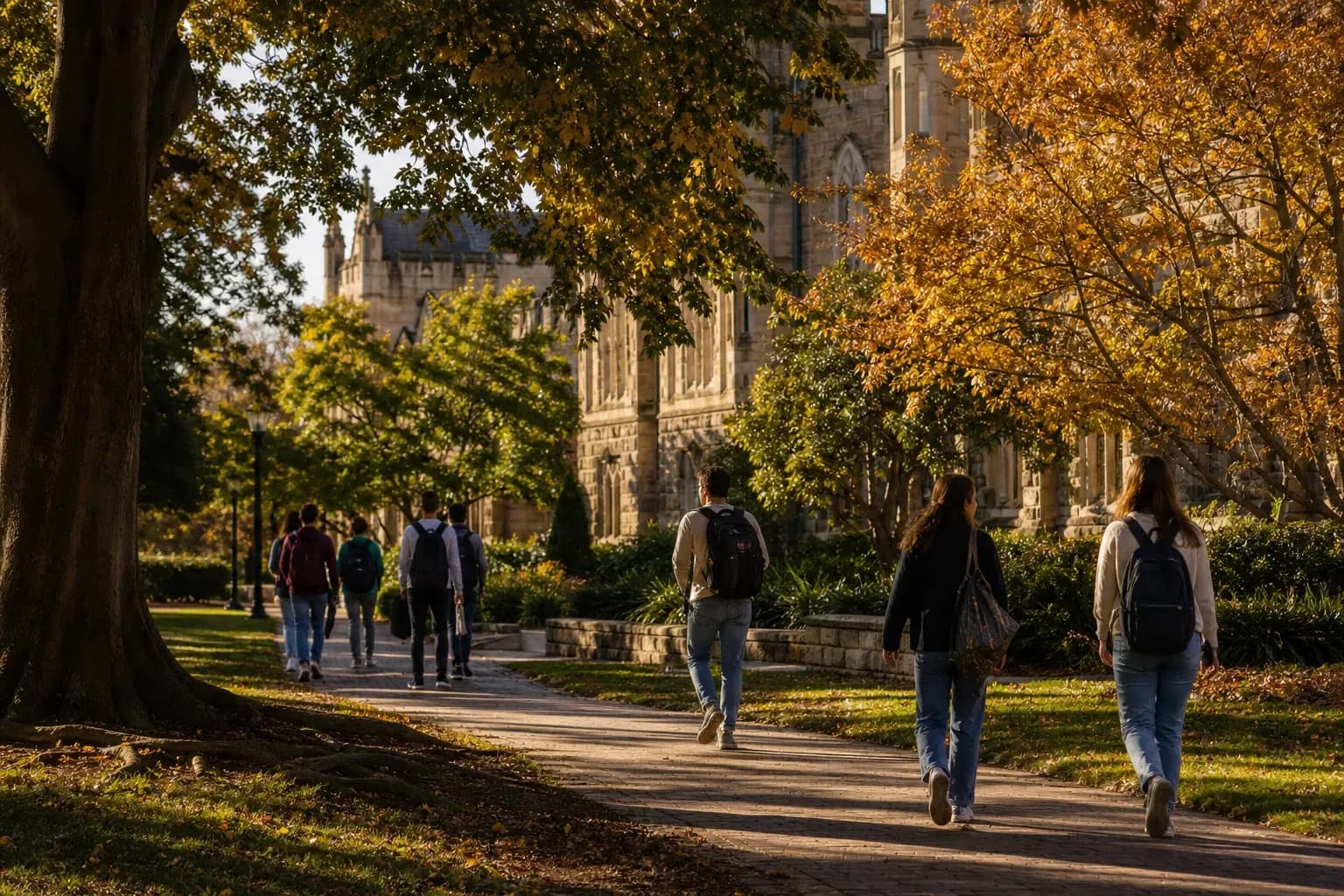 A realistic campus photograph of the iconic landmarks of James Cook University with students walking