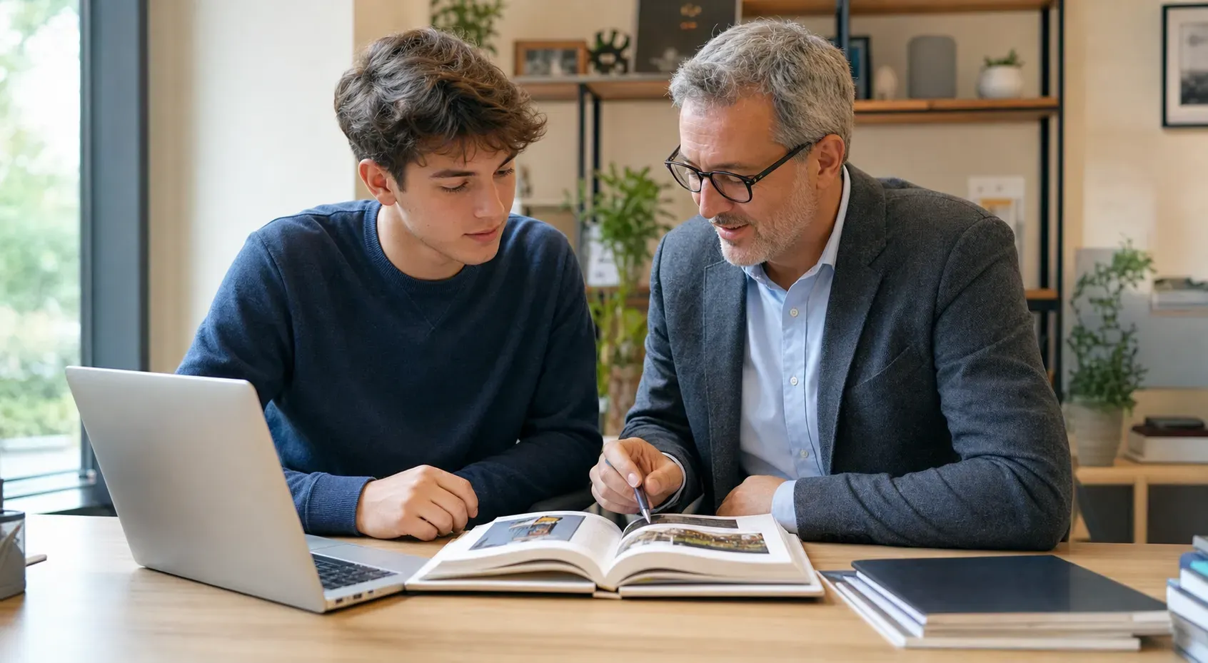 A student and a counselor discussing college application strategies in a modern office