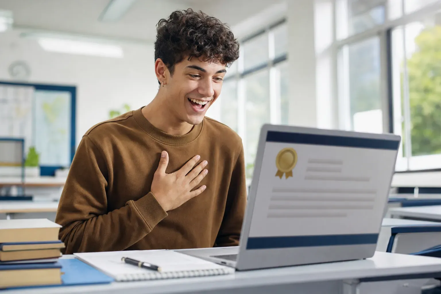 A joyful student receiving a scholarship award letter on a laptop in a bright classroom