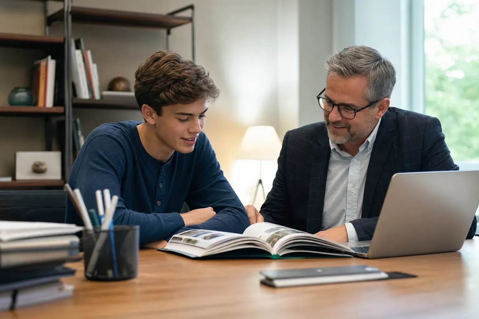 A student and a counselor discussing college application strategies in a modern office