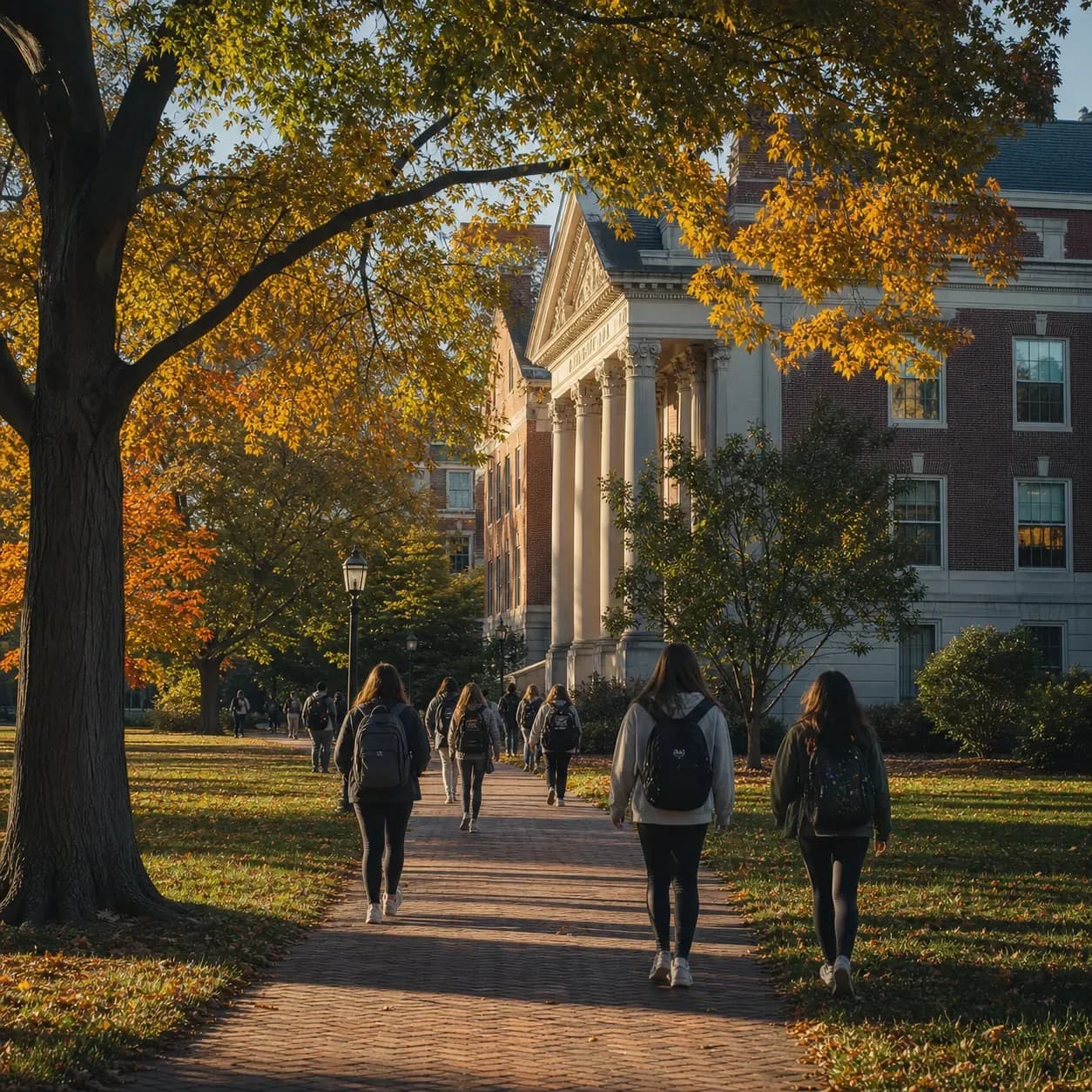 A realistic campus photograph of the iconic landmarks of Johns Hopkins University with students walking