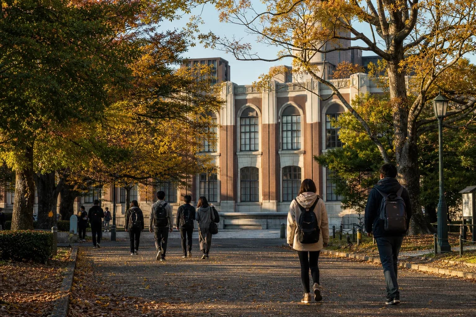 A realistic campus photograph of the iconic landmarks of Kyoto University with students walking