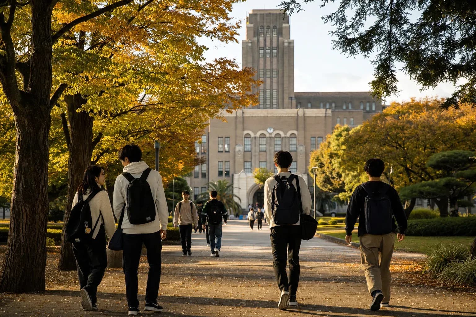 A realistic campus photograph of the iconic landmarks of Kyushu University with students walking