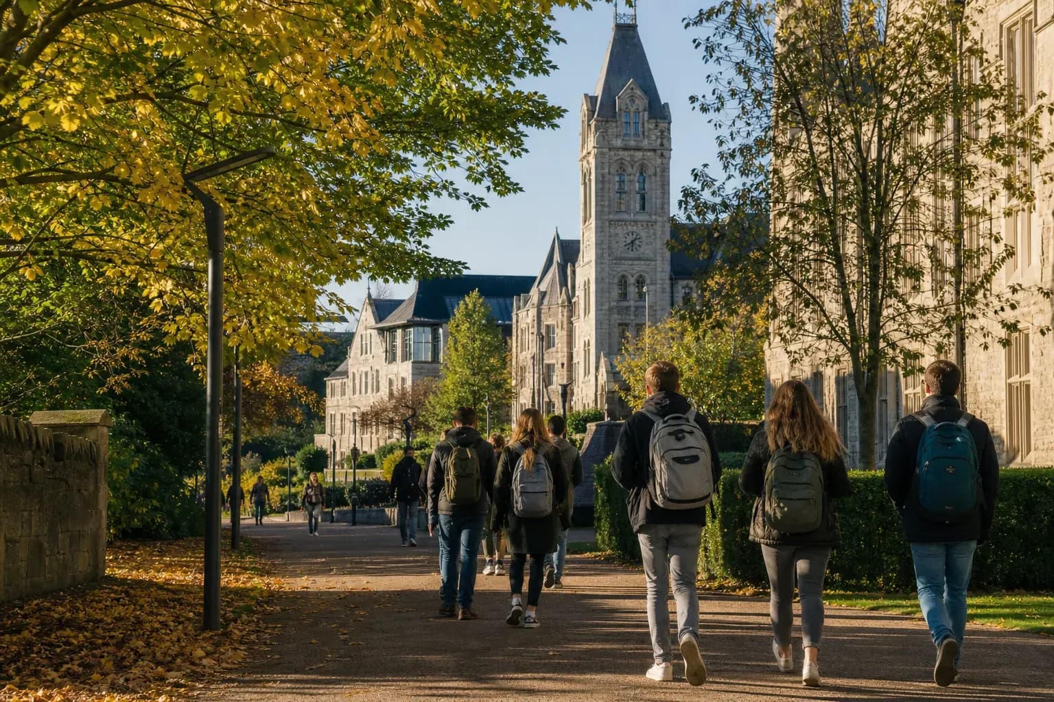 A realistic campus photograph of the iconic landmarks of Lancaster University with students walking