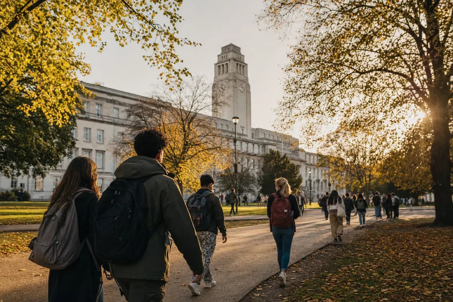 A realistic campus photograph of the iconic landmarks of University of Leeds with students walking