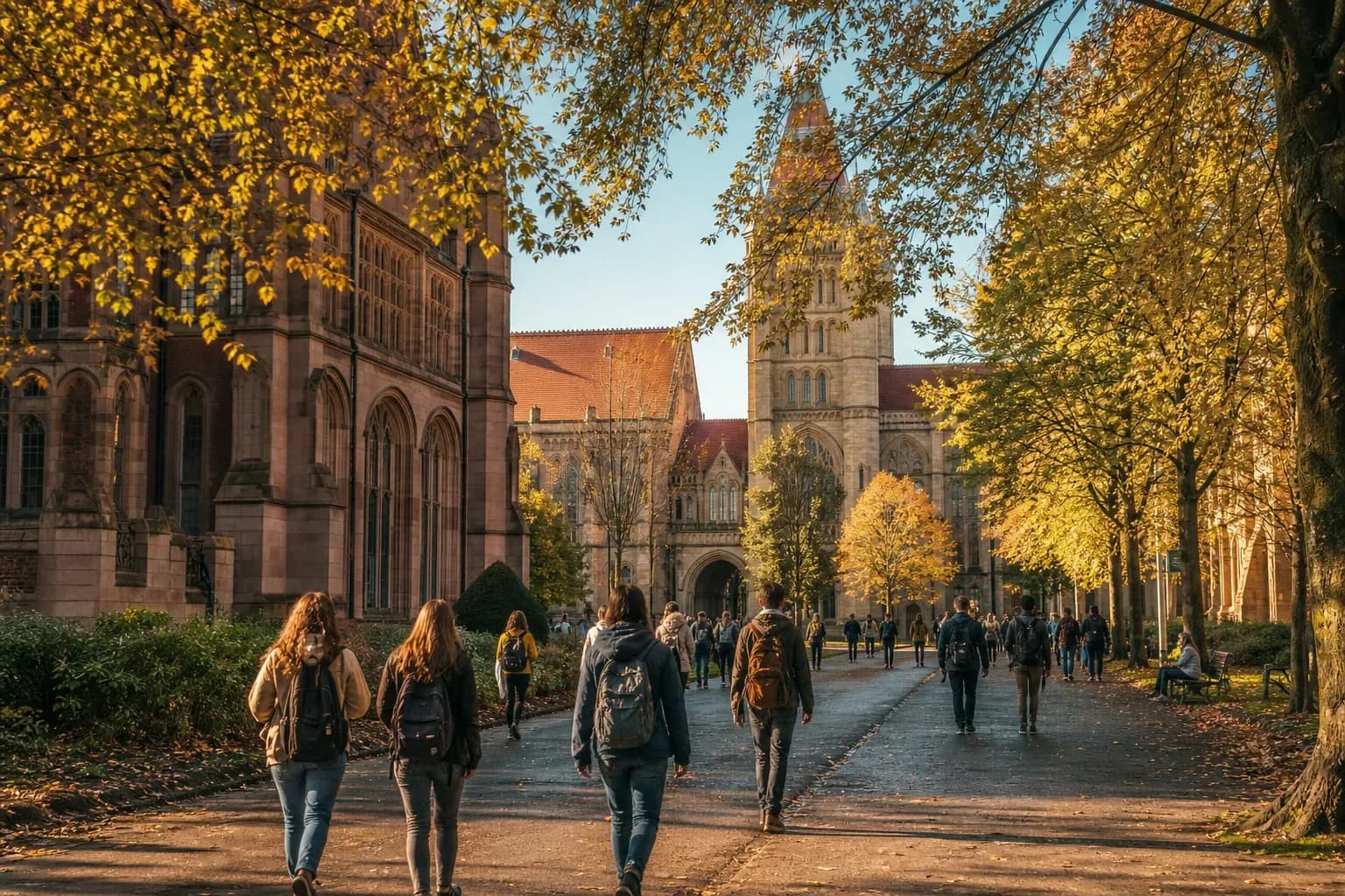 A realistic campus photograph of the iconic landmarks of University of Manchester with students walking