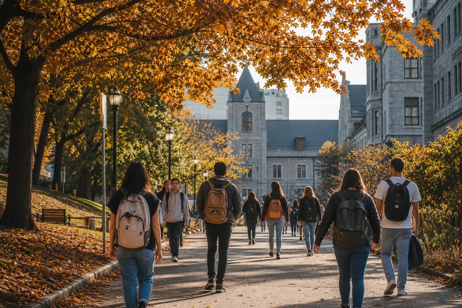 A realistic campus photograph of the iconic landmarks of McGill University with students walking