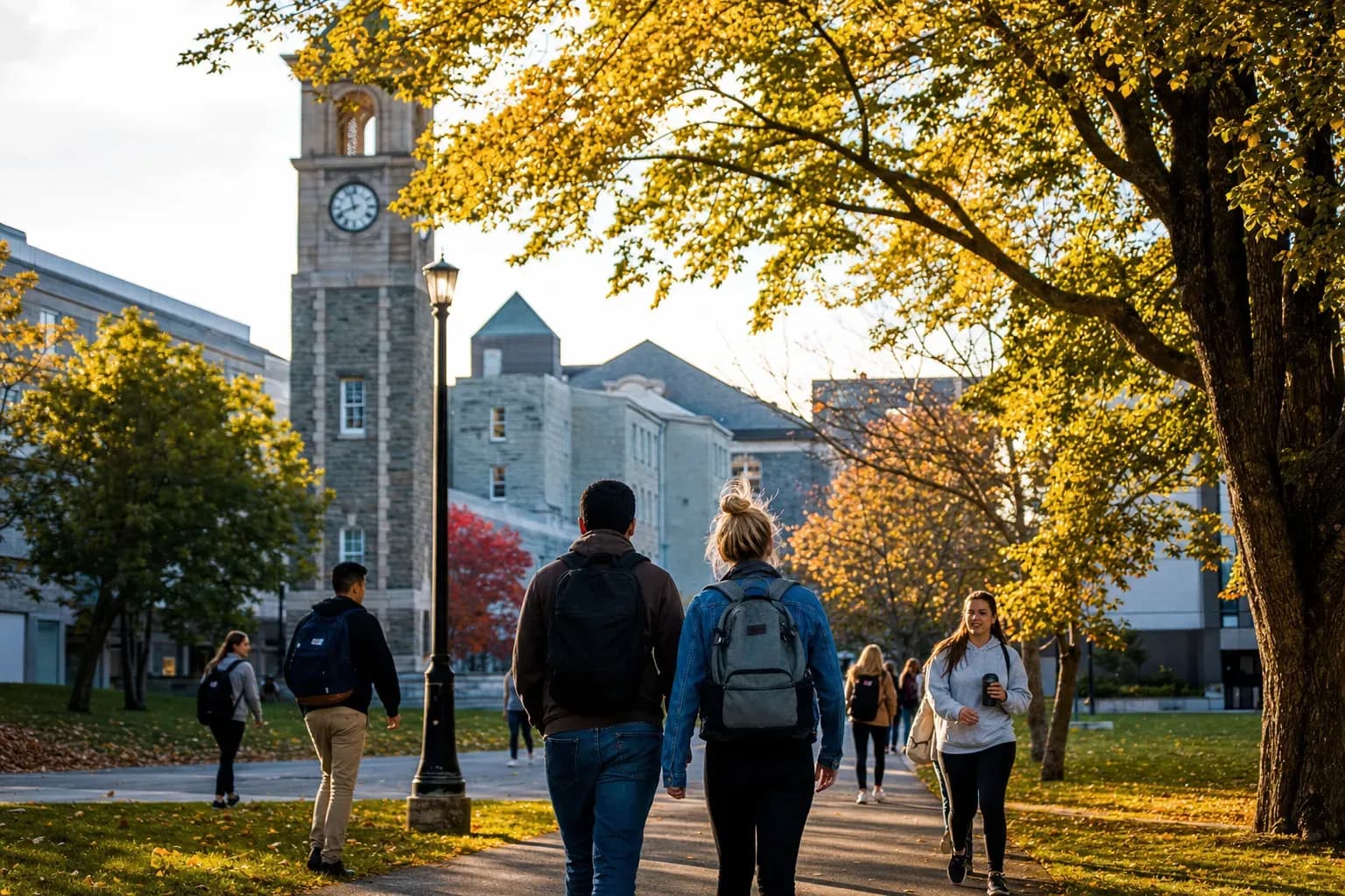 A realistic campus photograph of the iconic landmarks of Memorial University of Newfoundland with students walking