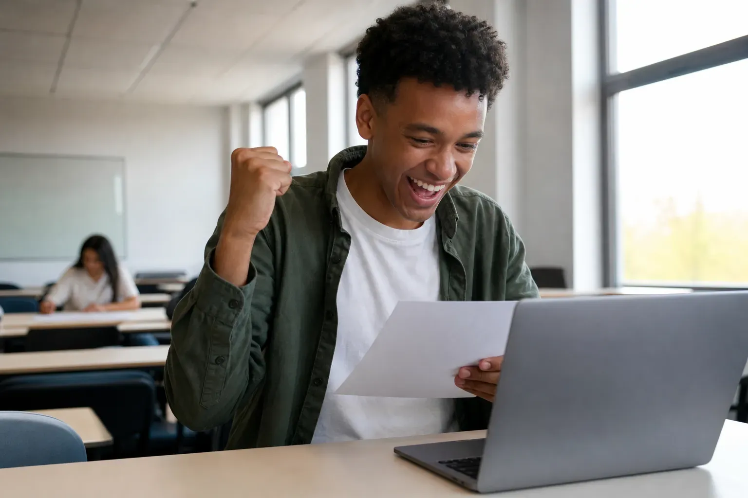 A joyful student receiving a scholarship award letter on a laptop in a bright classroom