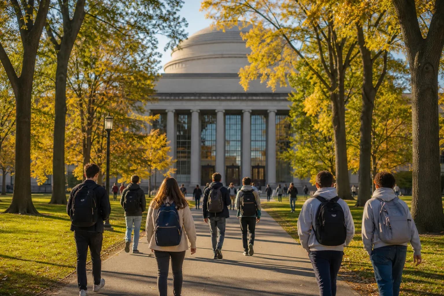 A realistic campus photograph of the iconic landmarks of MIT with students walking