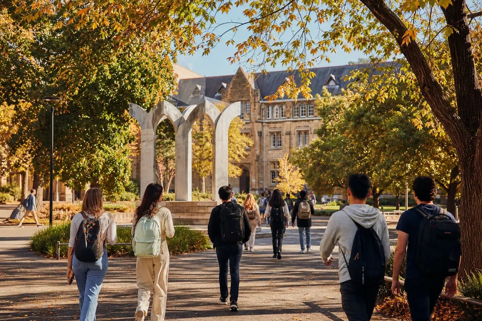 A realistic campus photograph of the iconic landmarks of Monash University with students walking