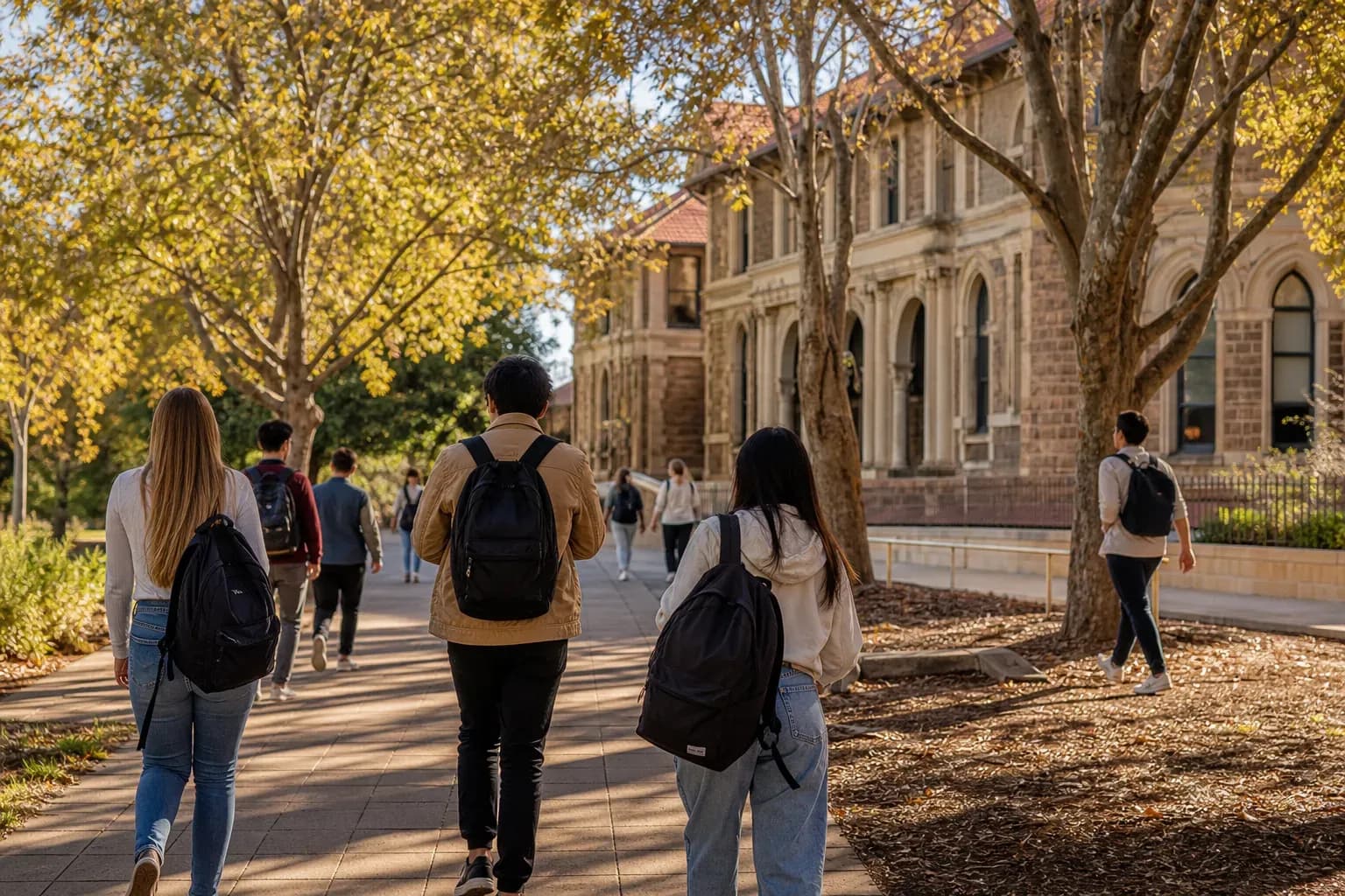 A realistic campus photograph of the iconic landmarks of Murdoch University with students walking