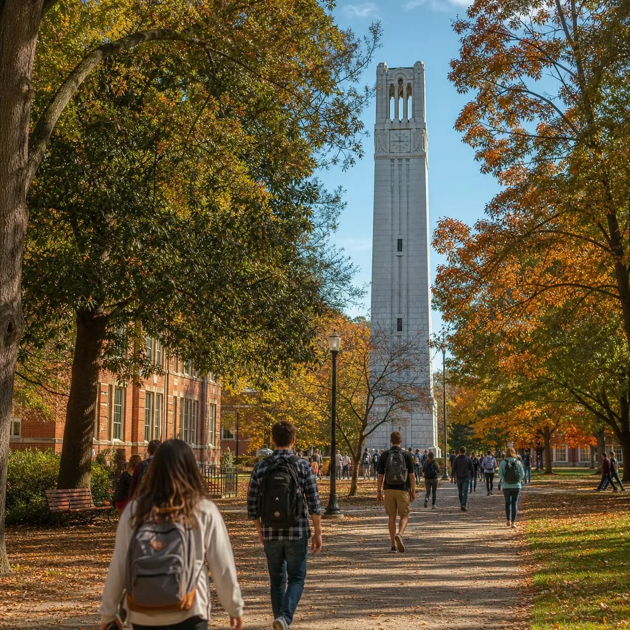 A realistic campus photograph of the iconic landmarks of NC State University with students walking