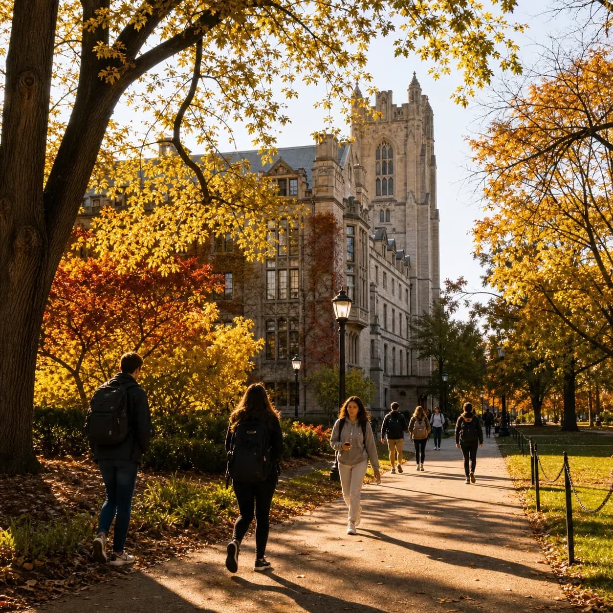 A realistic campus photograph of the iconic landmarks of Northwestern University with students walking