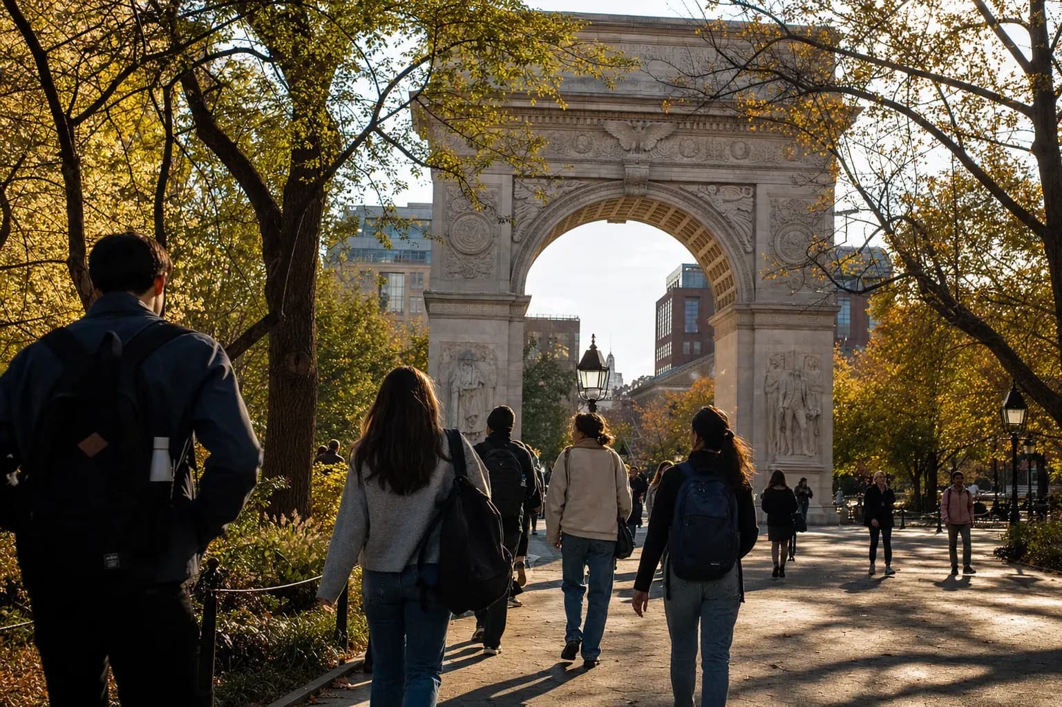 A realistic campus photograph of the iconic landmarks of New York University with students walking