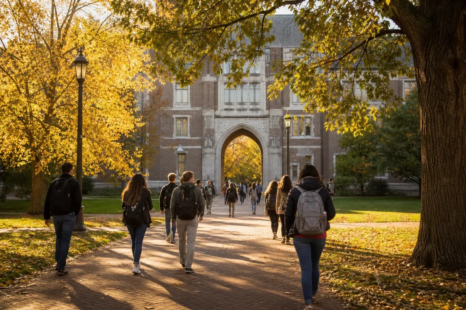 A realistic campus photograph of the iconic landmarks of Ohio State University with students walking