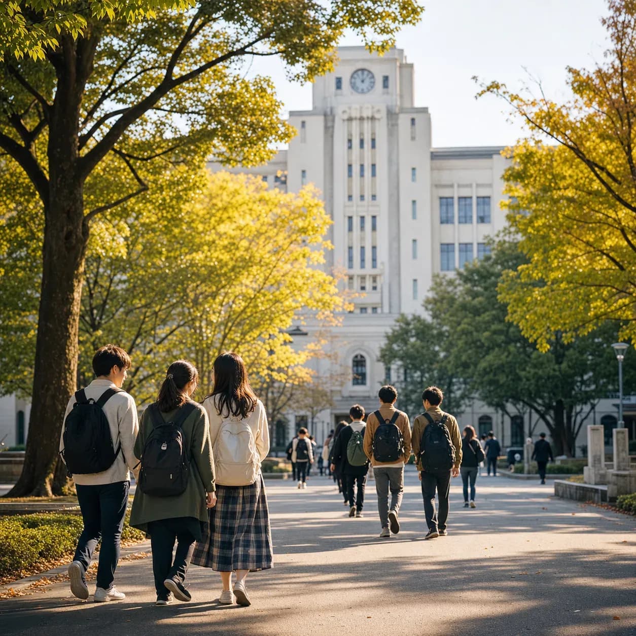 A realistic campus photograph of the iconic landmarks of Osaka University with students walking