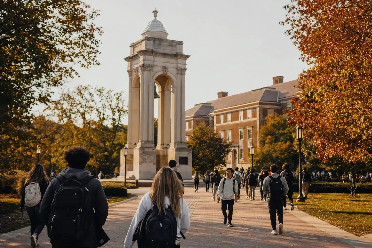 A realistic campus photograph of the iconic landmarks of Purdue University with students walking