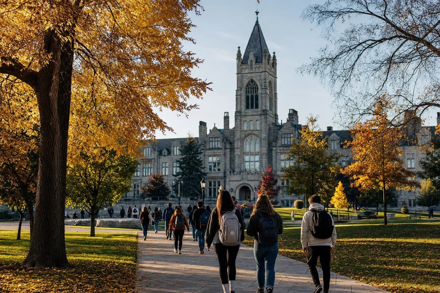 A realistic campus photograph of the iconic landmarks of Queen's University with students walking