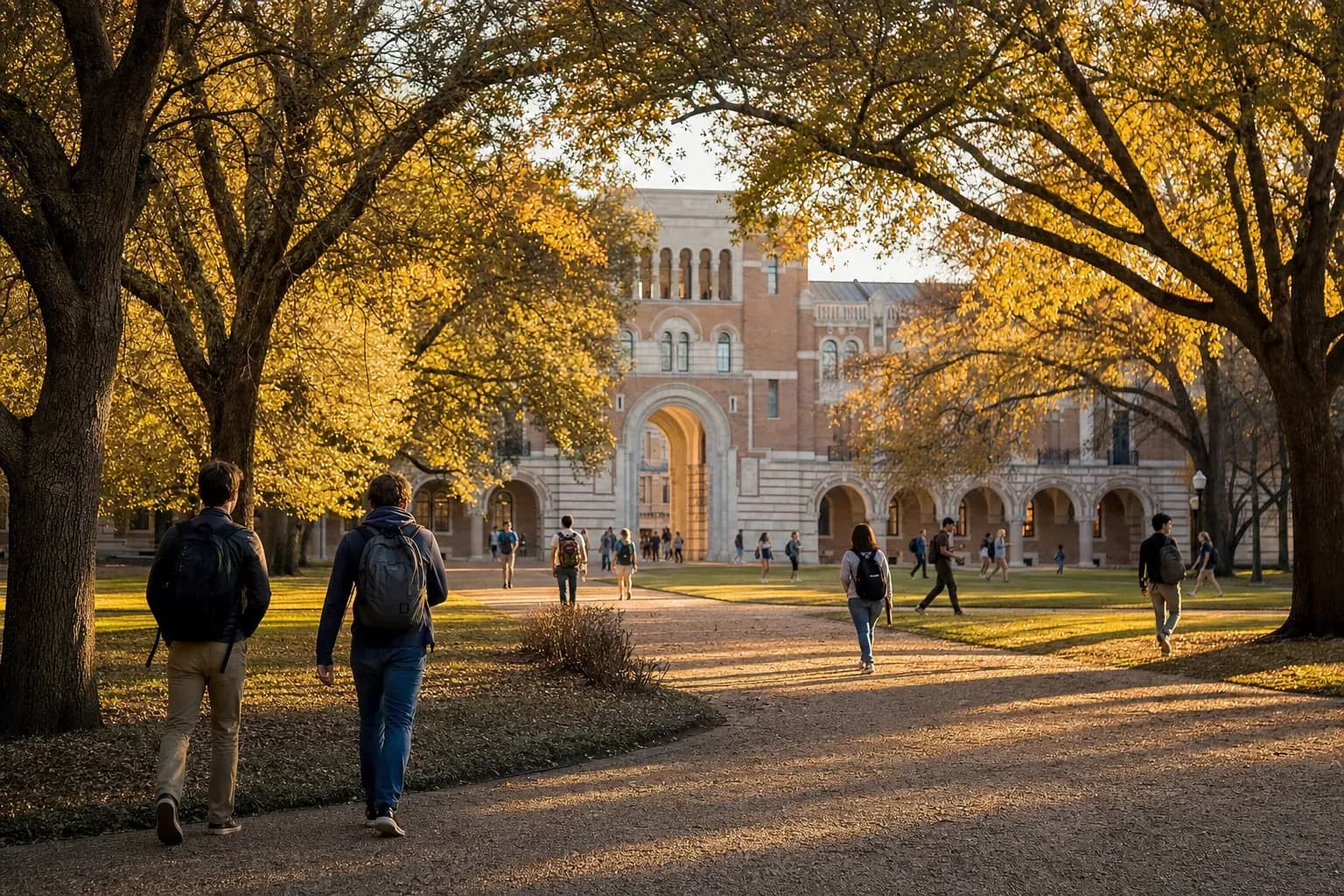 A realistic campus photograph of the iconic landmarks of Rice University with students walking