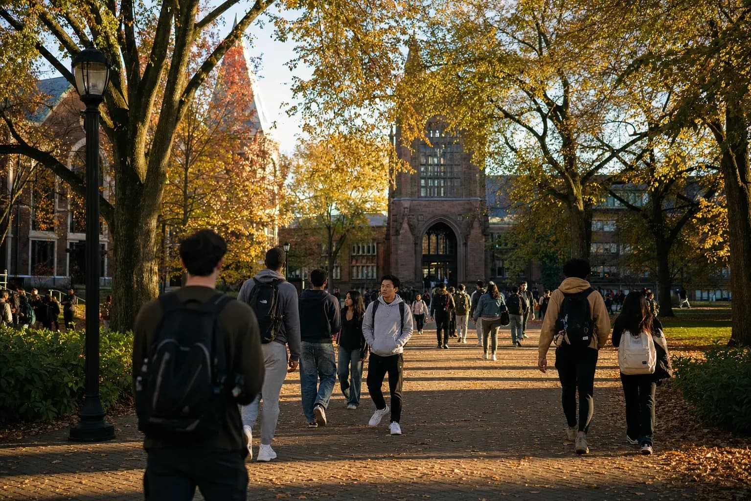 A realistic campus photograph of the iconic landmarks of Rutgers University-New Brunswick with students walking