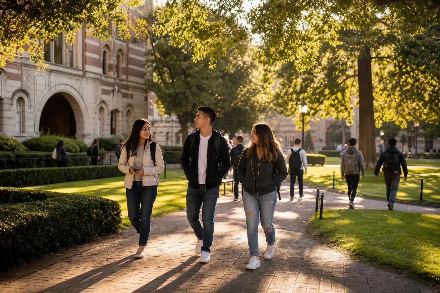 A beautiful and sunny university campus with students walking