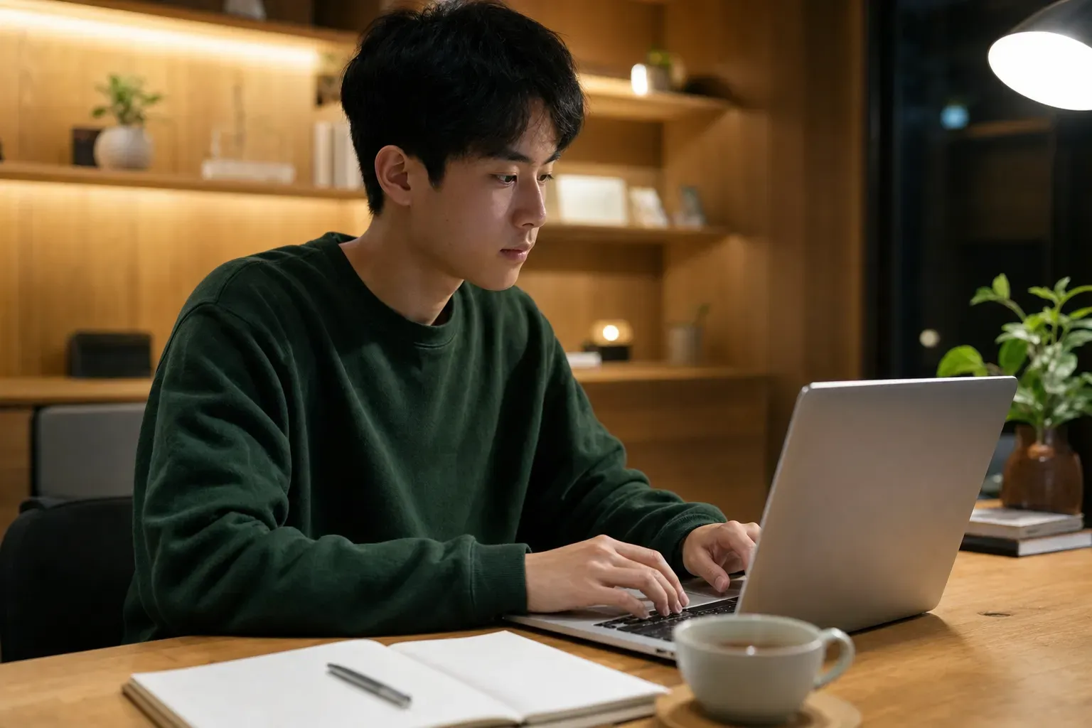 A focused student writing a college application essay on a laptop in a cozy study room